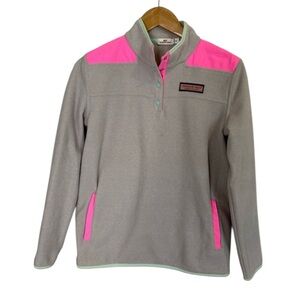 Vineyard Vines Fleece Quarter Snap Pullover Gray Pink Green Girls Size XL